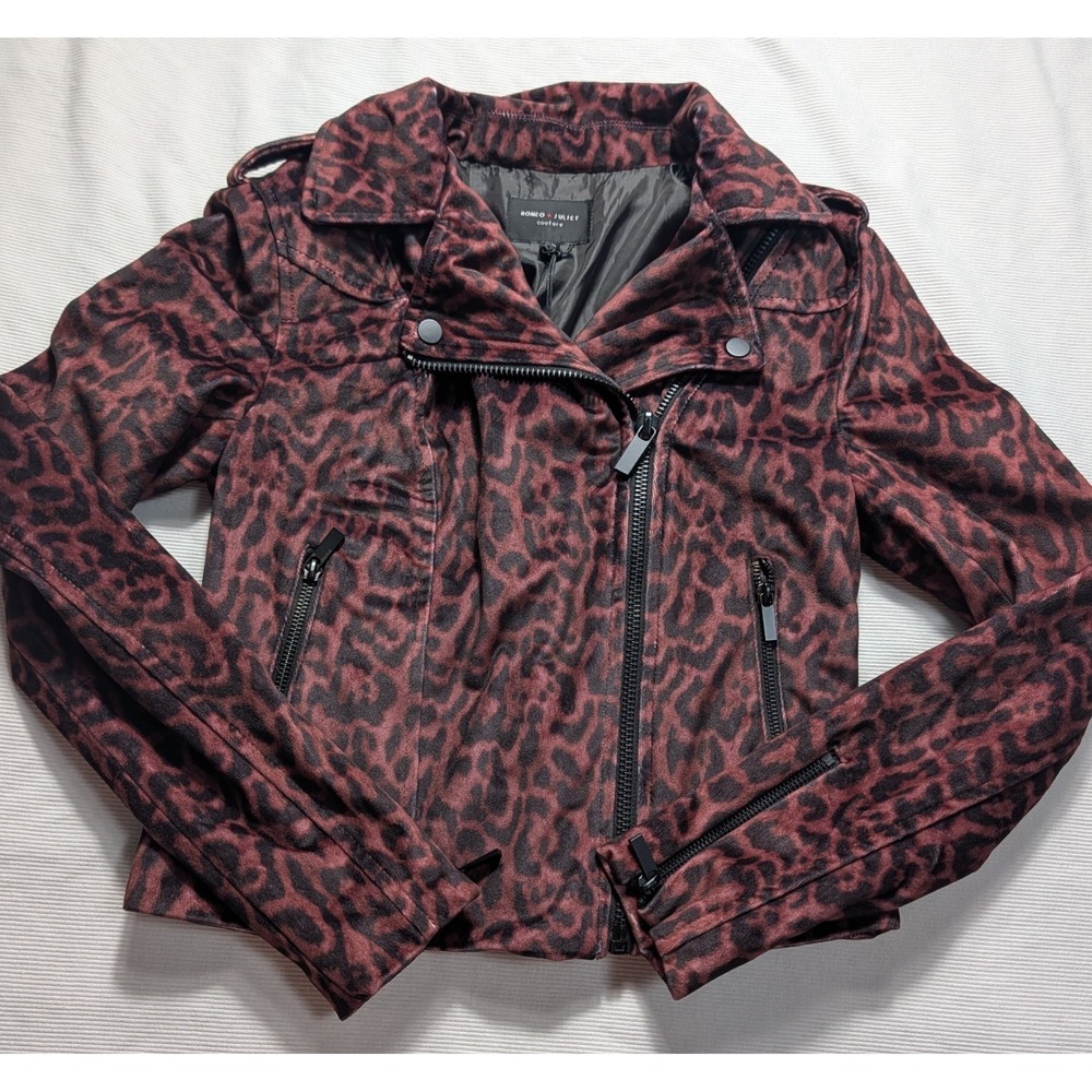 Romeo + Juliet Couture Burgundy Leopard Moto Jacket RJ44823 Small NWT
